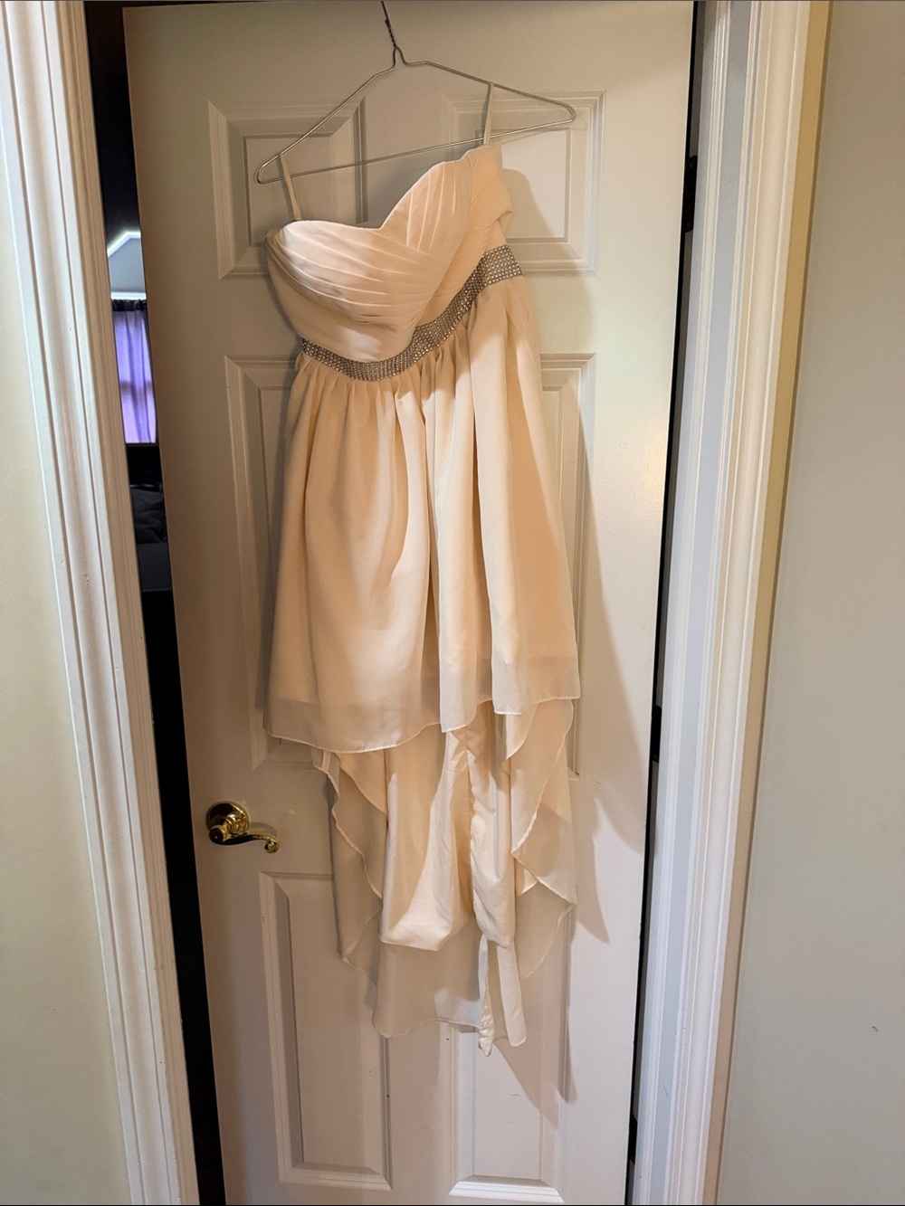 Strapless Ivory High-Low Chiffon Dress with Crystal Waist